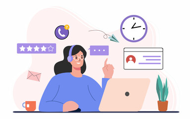 Customer service Girl agent in front of a computer wearing headphones and communicates with a client, call center.