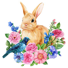 Bird and bunny with spring flowers on isolated background. Watercolor hand drawn Easter illustration