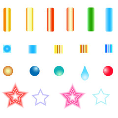 On a white background, design elements are gradient rectangular shapes, balls and four luminous stars.