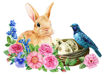 Bird in the nest and bunny with spring flowers on isolated background. Watercolor hand drawn Easter illustration