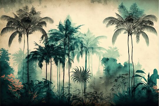 Palm Trees In A Jungle Forest, Landscape. Generative Ai