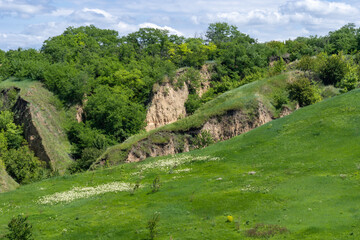 Ravine covered with greenery. Landscape valley with geological faults. Earthen mountains and bumps...