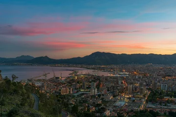 Foto op Plexiglas Panoramic view from Pellegrino mount on Palermo city at dusk, Sicily  © Davide D. Phstock
