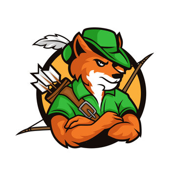 a cartoon character fox dressed as an archer with hat and bow and arrow logo vector illustration
