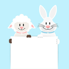 Obraz premium Schaf & Weißer Osterhase Halten Kleines Schild Himmel