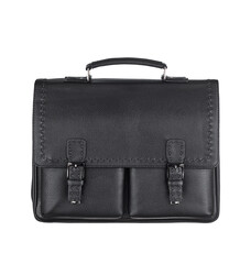 Beautiful black leather briefcase with clasps on the patch pockets, highlighted on a white background. Front view.