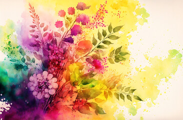 Obraz na płótnie Canvas Watercolor floral background with copyspace for text Multicolored flowers drawing. Botanical wallpaper design for spring and summer. Generative AI.