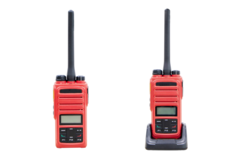 Walkie talkie radio red gadget portable station with battery charger. Receiving-transmitting device designed for operational communication. Concept modern technologies. Isolated on cutout PNG.