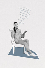 Exclusive magazine picture sketch collage of impressed funny lady chatting twitter telegram...
