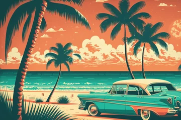 Vlies Fototapete Orange Tropical beach. Retro color style. Travel vacation concept. Generative AI