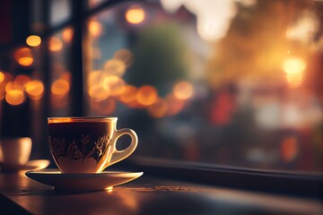 Fototapeta premium A cup of coffee in a cafe with morning light bokeh from a window. Generative AI