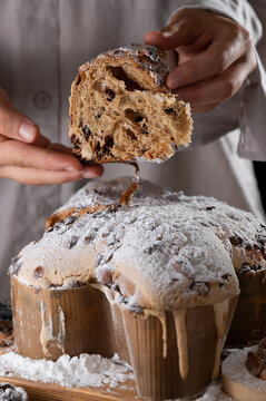 Colomba with chocolate. Easter Italian cake with almonds and chocolate in the shape of a dove. Festive pastries are traditional in Italy. 