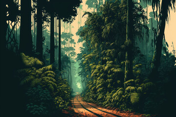 Naklejka premium Road to forest. Retro tone color style. Travel vacation concept. Generative AI.