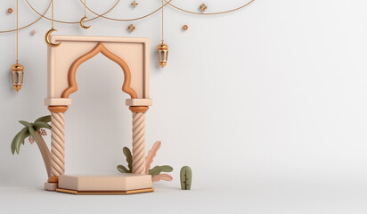 Islamic display podium decoration background with mosque window, lantern, crescent moon, dates tree, ramadan kareem, mawlid, iftar, isra  miraj, eid al fitr adha, muharram, copy space 3D illustration.
