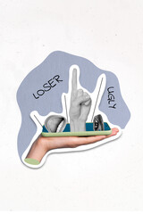 Creative drawing picture photo collage artwork of human arm hold telephone followers negative...