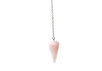 Pink color rose quartz crystal pendulum on chain isolated on white background. Lot of copy space. - obrazy, fototapety, plakaty