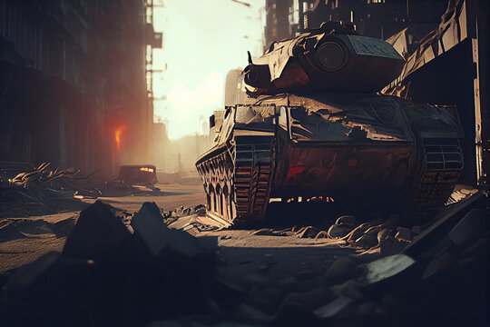 Tank at War in a city - Generative AI illustration