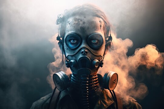 A person wearing gas mask in a smoky background. Chemical war, nuclear disaster, gas explosion concept. Generative AI