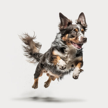 Springender Hund auf wei&szlig;em Hintergrund isoliert (erstellt durch KI-Tool)