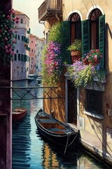 Fototapeta na wymiar Oil painting of Amazing view of beautiful Venice, Italy. Narrow water canal with boats moored between old colorful buildings and bridge, Northern Italy. Typical Venetian view, Generative AI