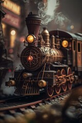 Railway Station with an old train and clouds of smoke. Tilt shift, Steampunk and retro-futurism style.  Generative AI