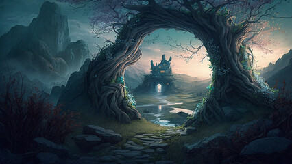 Fototapeta na wymiar fantasy fairytale castle landscape with tunnel of tree
