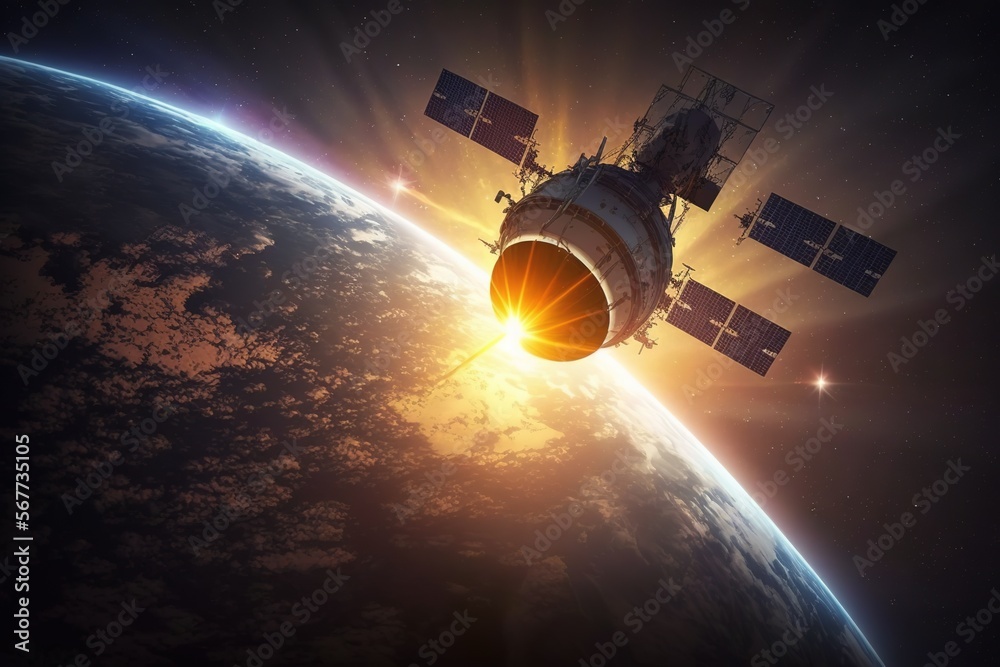 Canvas Prints space satellite orbiting earth at sunrise. 3d rendering - generative ai