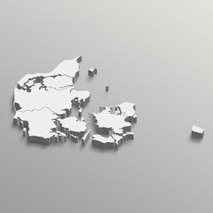 Fully editable 3d isometric white Denmark map with States or province in white isolated background.