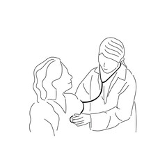 Line drawing of a nurse using a Stethoscope on a patient.