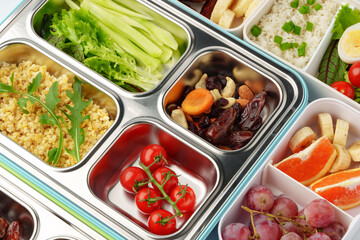 Many containers with delicious healthy food for background