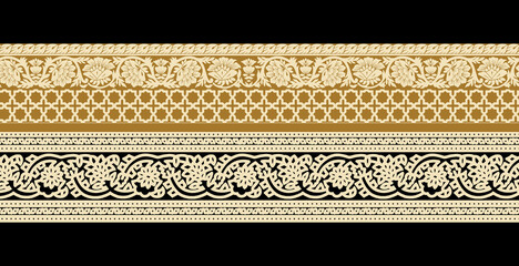 Vector seamless border with decorative ethnic elements. Moroccan style. Pink horizontal arabian pattern with decorative elements. Design for home decor, wrapping paper, fabric, carpet, cover