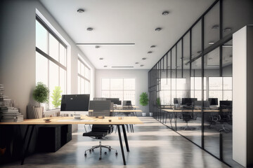 Naklejka na ściany i meble Modern office interior design . Contemporary workspace for creative business. Peculiar AI generative image.