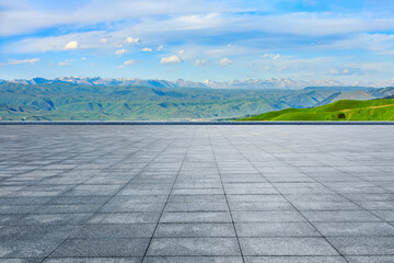 Empty square floor and green mountain natural background
