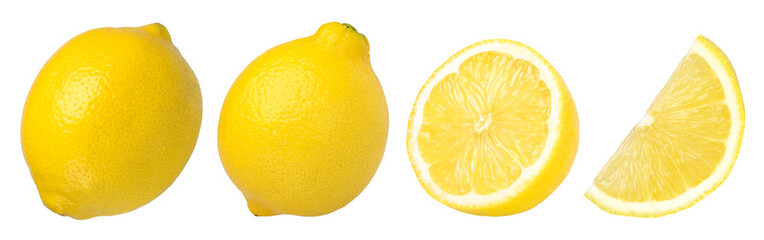 ripe lemon fruit, slices and half isolated, Fresh and Juicy Lemon, transparent png, PNG format, collection, cut out.