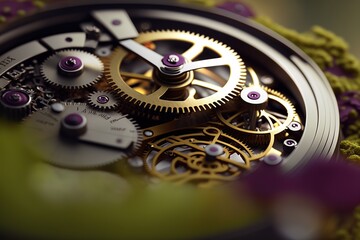 Gears and cogs in clockwork watch mechanism. Craft and precision - elegant detailed stainless steel and metal. - Generative AI
