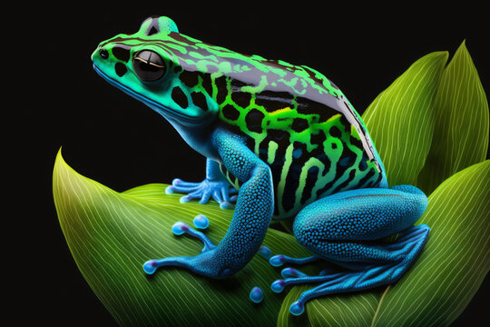 black and blue colored frog sitting on a jungle leaf isolated on black background, generative ai