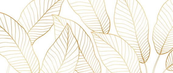 Luxury golden nature vector background. Botanical leafy pattern, with golden tropical leaves, philodendron with plant lines, monstera. For printing, packaging, decor, fabric.