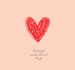 Happy Velentine's Day. Simple Romantic Vector Illustration with Red Heart and Handwritten Wishes. Hand Drawn Print with Love Symbol isolated on a Light Coral Background ideal for Card, Greeting.