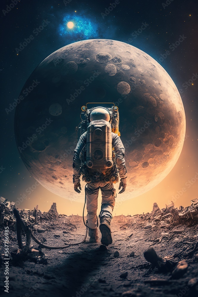 Wall mural an astronaut walks in his space suit on a distant planet. outer space - generative ai
