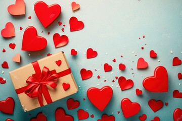 Love-Filled Valentine's Day Background with Gift Box and Red Hearts - Flat Lay Style 2. Generative AI.