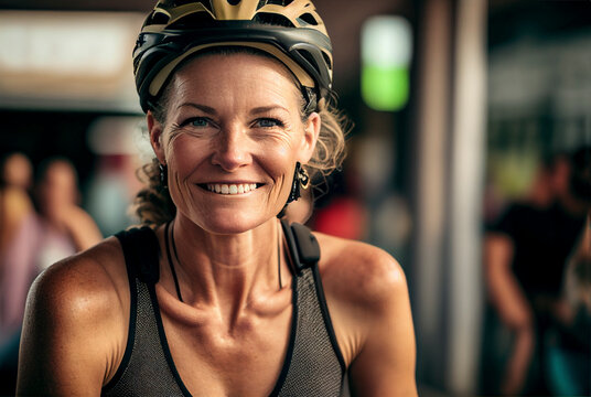 Adult woman on a bicycle. Created with generative Ai technology.