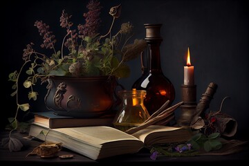Fototapeta na wymiar Witchcraft Scene with Herbs, Flowers, Books, and Mysterious Light. Generative AI