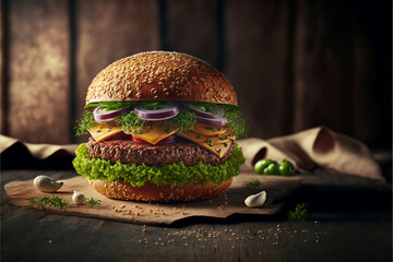 Fast Food Pork Hamburger With Vegetables 3D Illustration