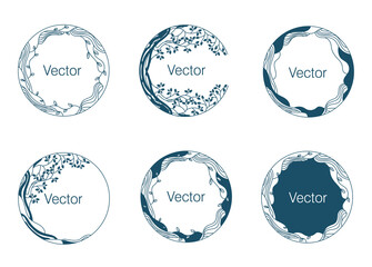 Set of Beautiful round vintage frames with space for text in vintage style from lines and leaves. Hand drawn lines for wedding invitations or greeting cards, social media wallpapers.