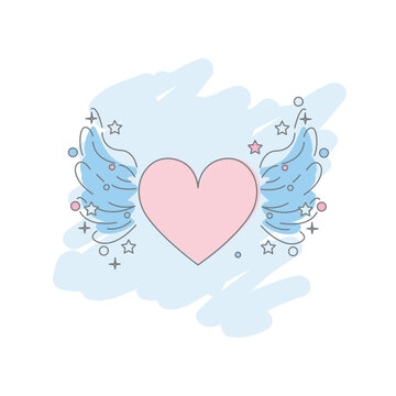 cute colorful sticker heart with wings and stars. vector illustration isolated on white and blue background