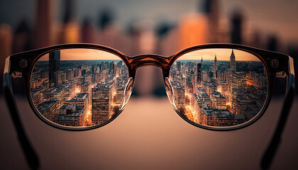 Clear cityscape focused in glasses lenses. 
