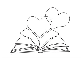 Open book and hearts, continuous line vector illustration. one line vector drawing of a book and a hearts, concept of love of reading. Black and white hand drawn image.