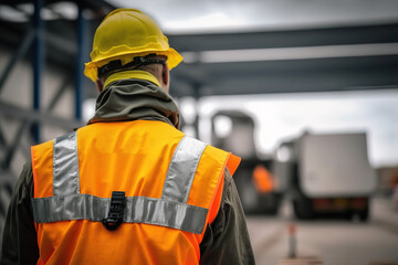 A worker or signaler man is wearied reflective vest uniform with background of construction site, Safety in industrial workplace concept. Generative Ai image.	
