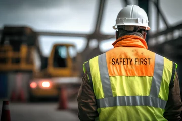 Foto op Canvas A worker or signaler man is wearied reflective vest uniform with background of construction site, Safety in industrial workplace concept. Generative Ai image. © Nattawit