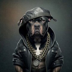 Dogs in leather jacket with golden chains, rapper or bandit, cool dog. Gangster. Illustration. Generative AI. - obrazy, fototapety, plakaty